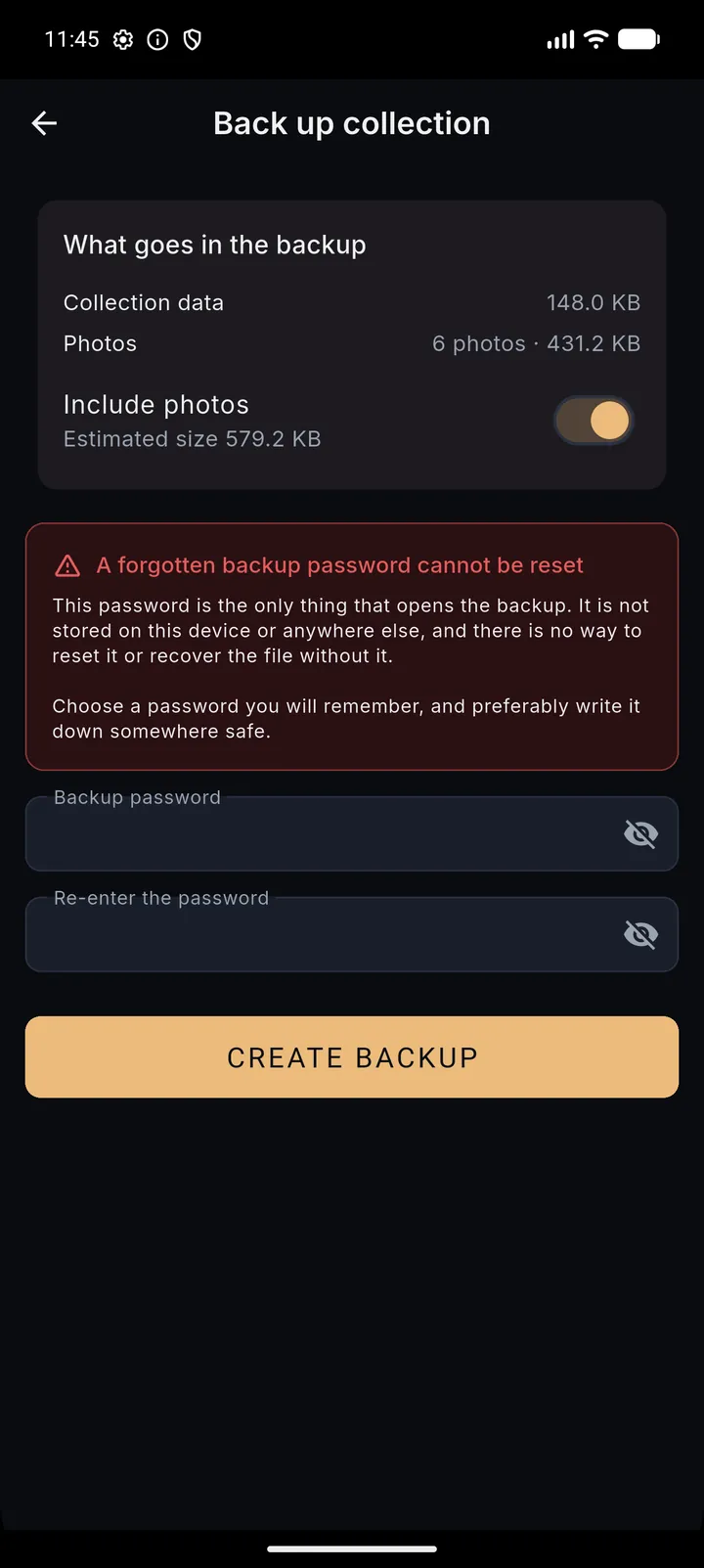 The backup screen: what goes into the file and its size, a switch for including photos, a warning that a forgotten backup password cannot be reset, and the two password fields.