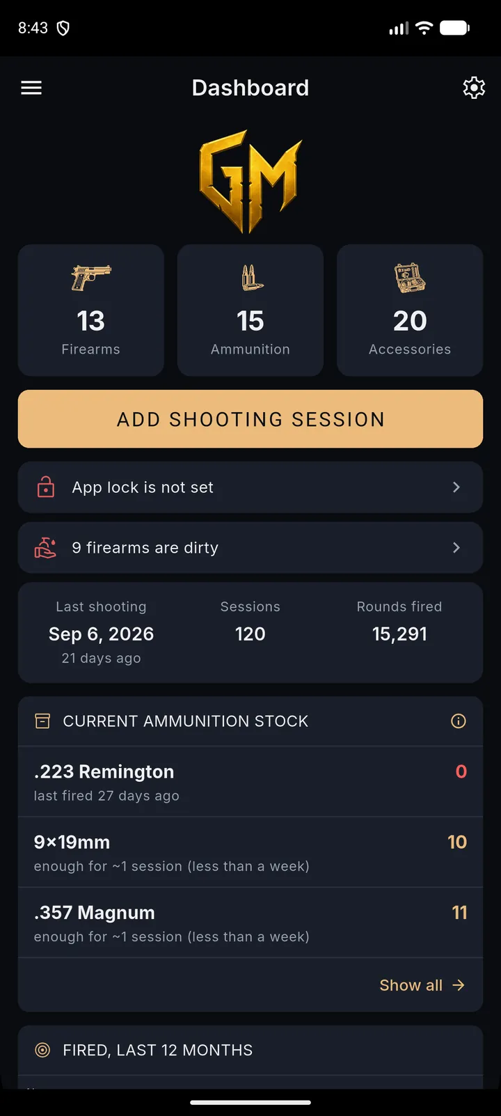 The GunMaster home screen: collection counts, an Add shooting session button, alerts that the app lock is not set and that nine firearms need cleaning, 120 sessions and 15,291 rounds fired, and the ammunition in stock for three calibers with an estimate of how long each will last.