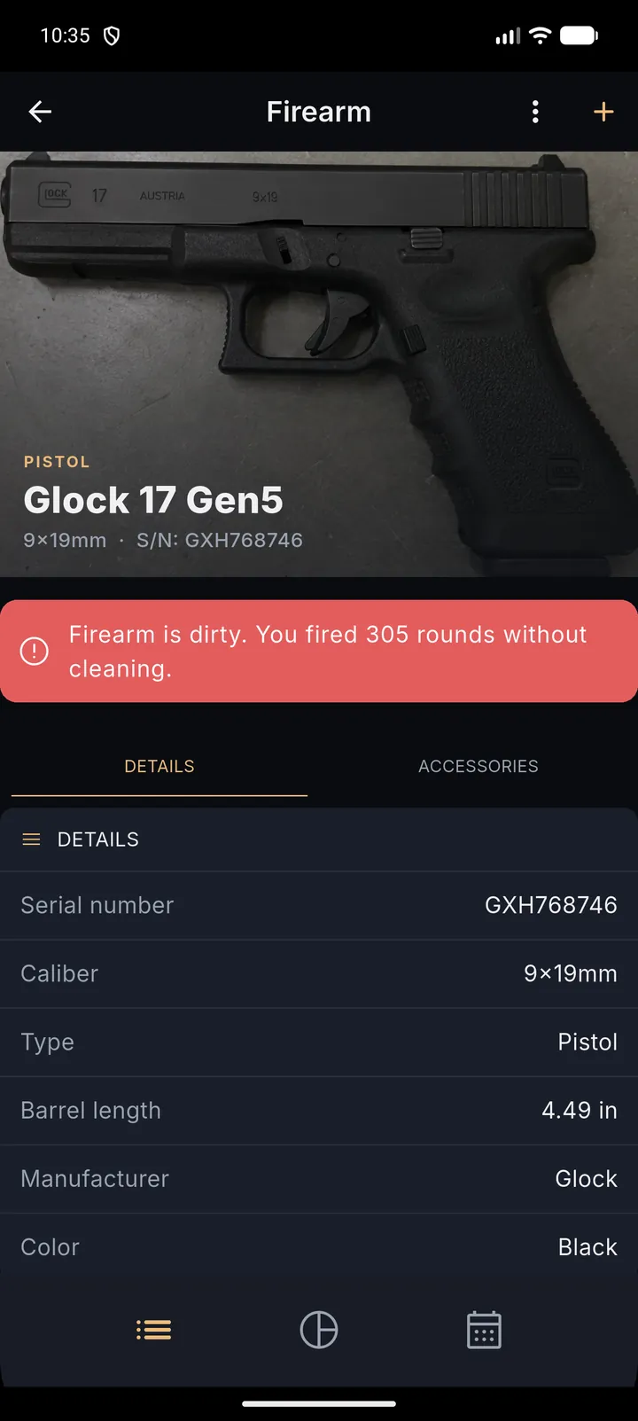 One firearm's record sheet: its photo, type, model, caliber and serial number, then the details table with barrel length, manufacturer and color.