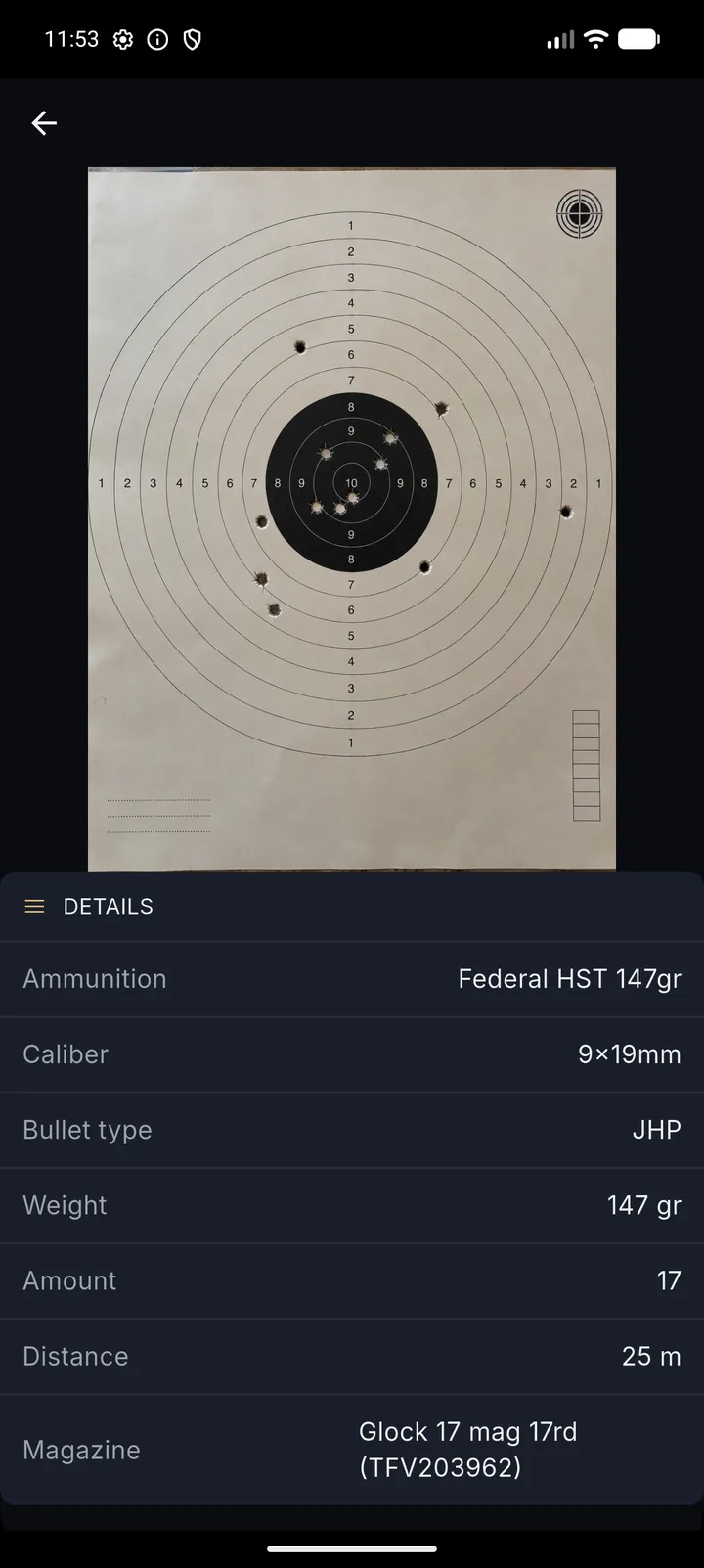 A single series: the target photo stored with it, and below it the ammunition, caliber, bullet type and weight, rounds fired, distance and the magazine used.