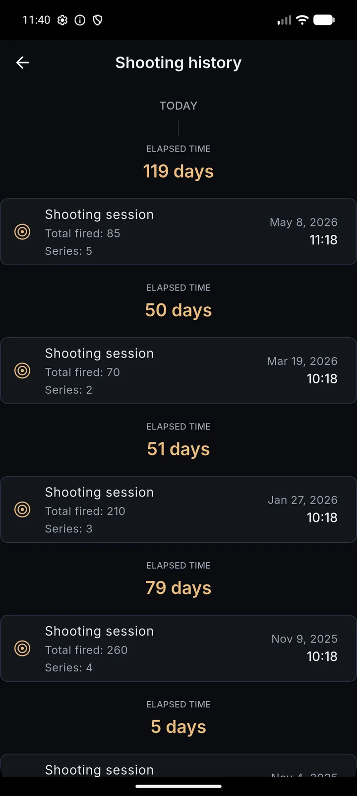One firearm's shooting history: sessions in order, each with its date, total rounds and number of series, and the time elapsed between them.