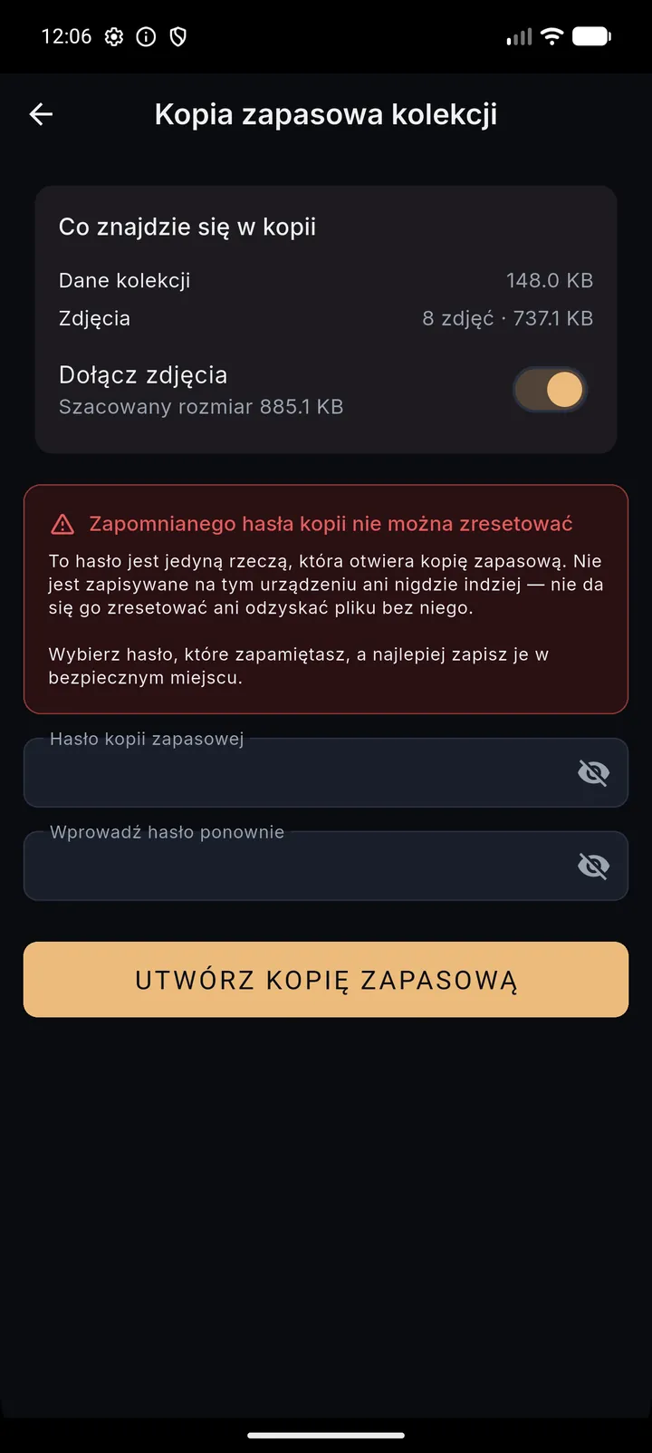 Ekran kopii zapasowej: co wchodzi do pliku i jaki ma rozmiar, przełącznik dołączania zdjęć, ostrzeżenie, że zapomnianego hasła kopii nie można zresetować, oraz dwa pola na hasło.