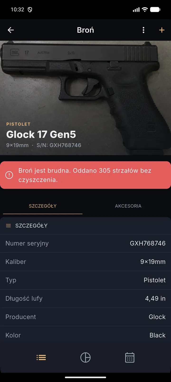 Karta jednej jednostki broni: zdjęcie, typ, model, kaliber i numer seryjny, dalej tabela szczegółów z długością lufy, producentem i kolorem.