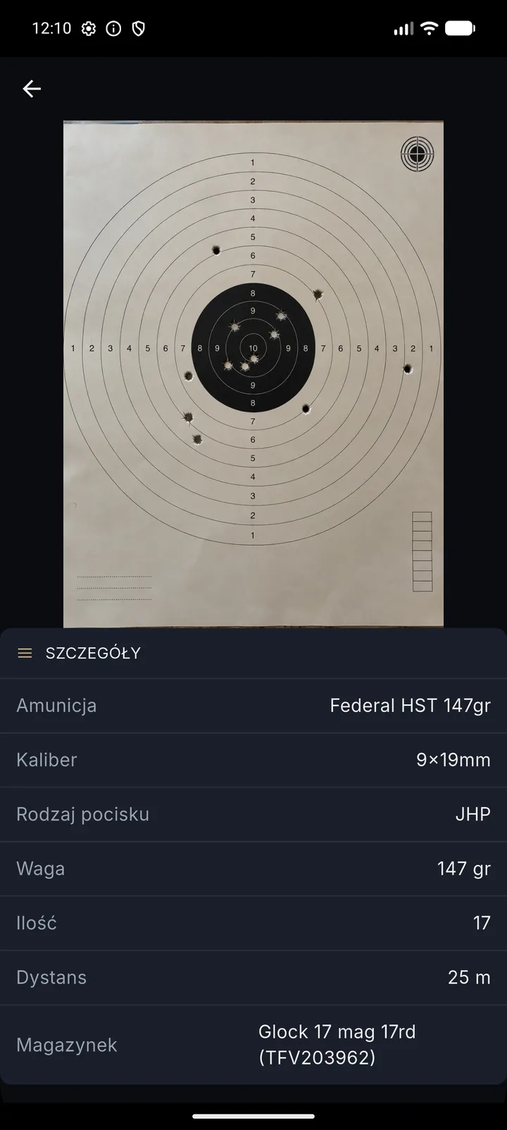 Pojedyncza seria: zapisane przy niej zdjęcie tarczy, a pod nim amunicja, kaliber, rodzaj i masa pocisku, liczba strzałów, dystans i użyty magazynek.