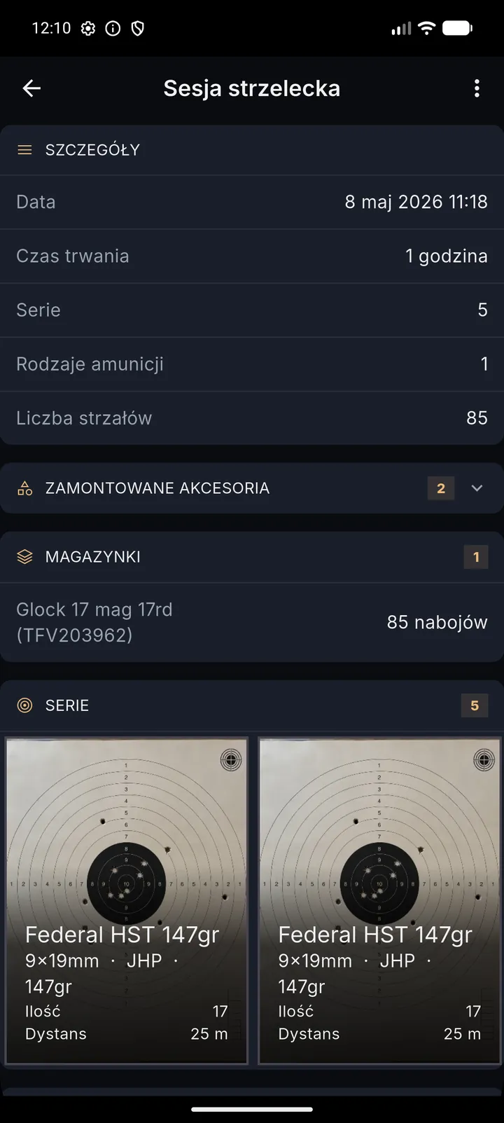 Zapisany trening: data, czas trwania, liczba serii, użyte rodzaje amunicji, suma strzałów, magazynek oraz lista serii ze zdjęciami tarcz.